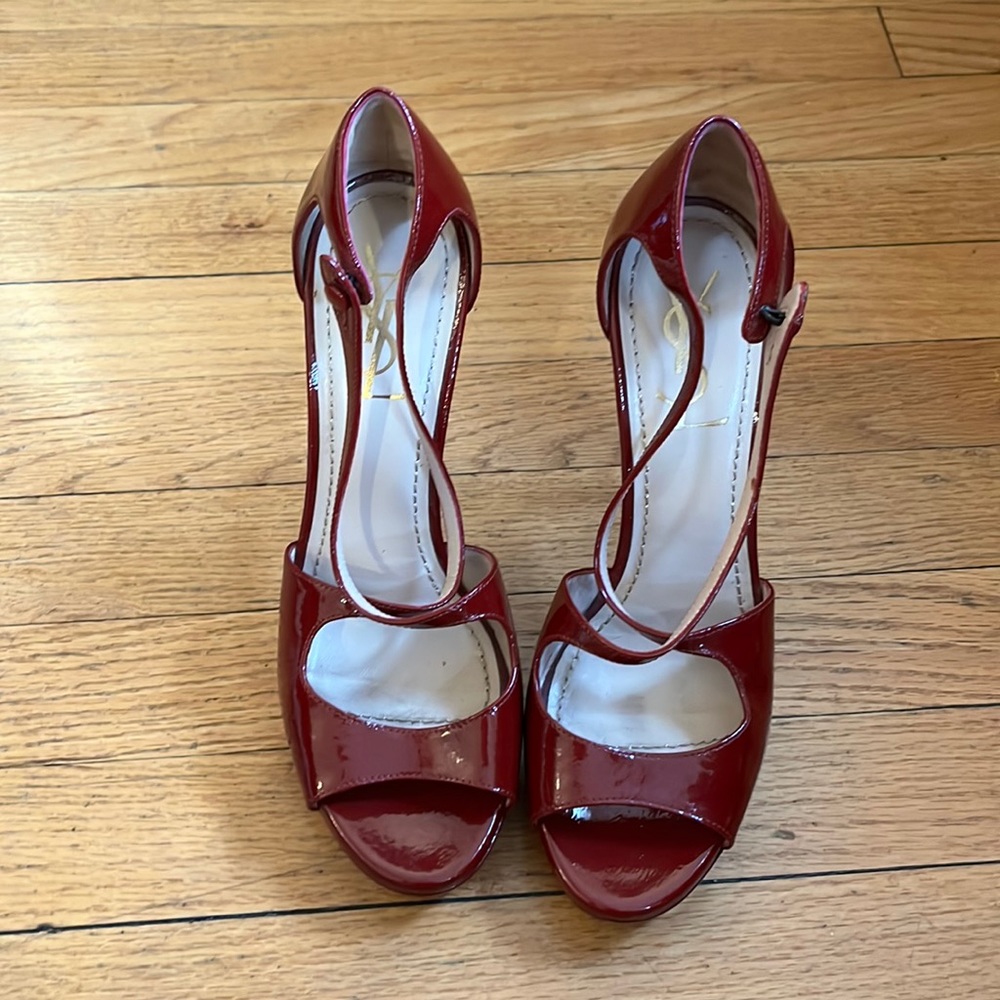 RED PATENT YSL STRAPPY HEELS